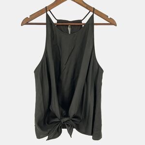 Lou & Grey Womens L Satin Black Knotted High Neck Sleeveless Blouse Crop Top